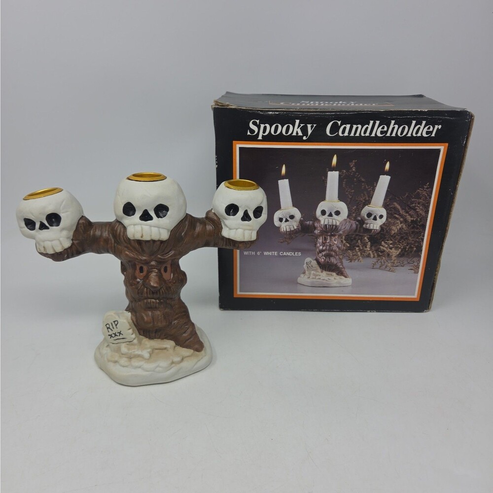 Spooky Halloween Candleholder Tree with Skulls Ceramic Candelabra Vintage